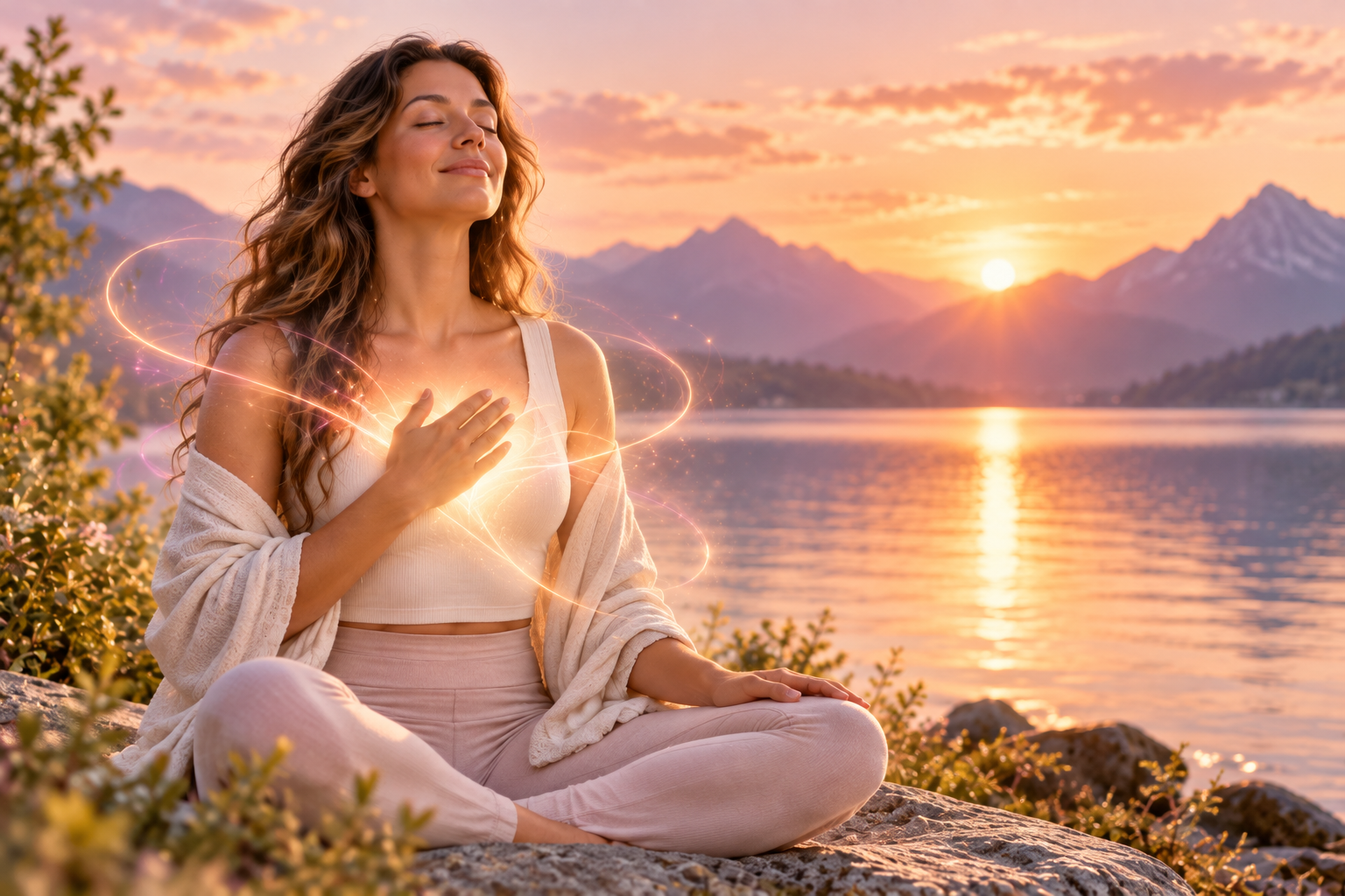 Woman meditating beside a peaceful lake at sunset with glowing light around her heart