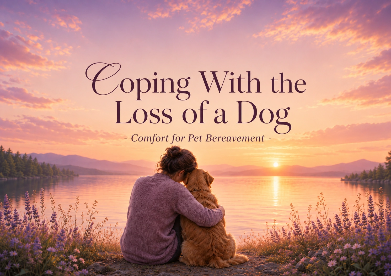 Woman gently embracing her dog beside a peaceful lake at sunset, representing comfort after the loss of a beloved dog.