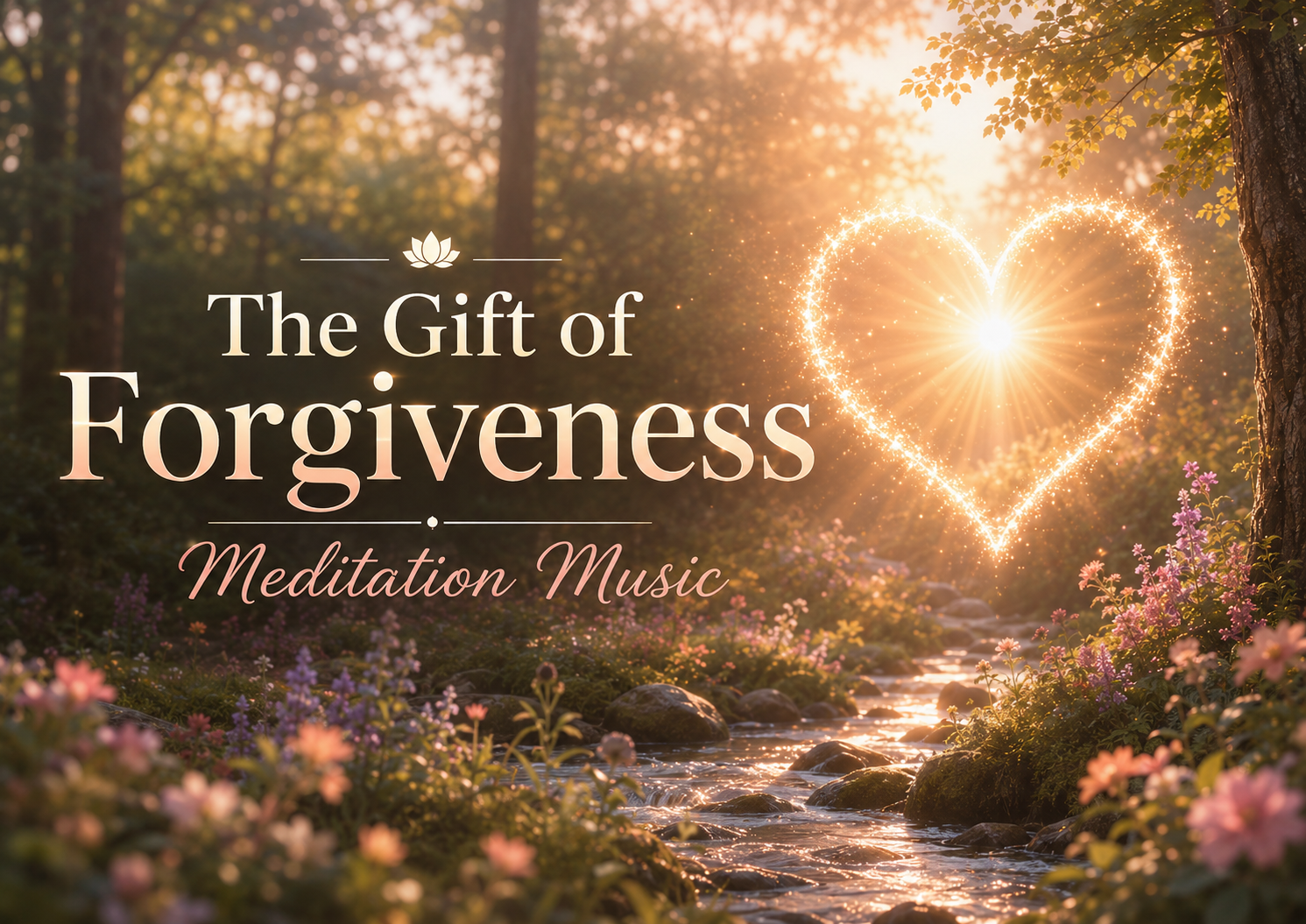 Forgiveness meditation music with glowing hearts and a lotus over calm water