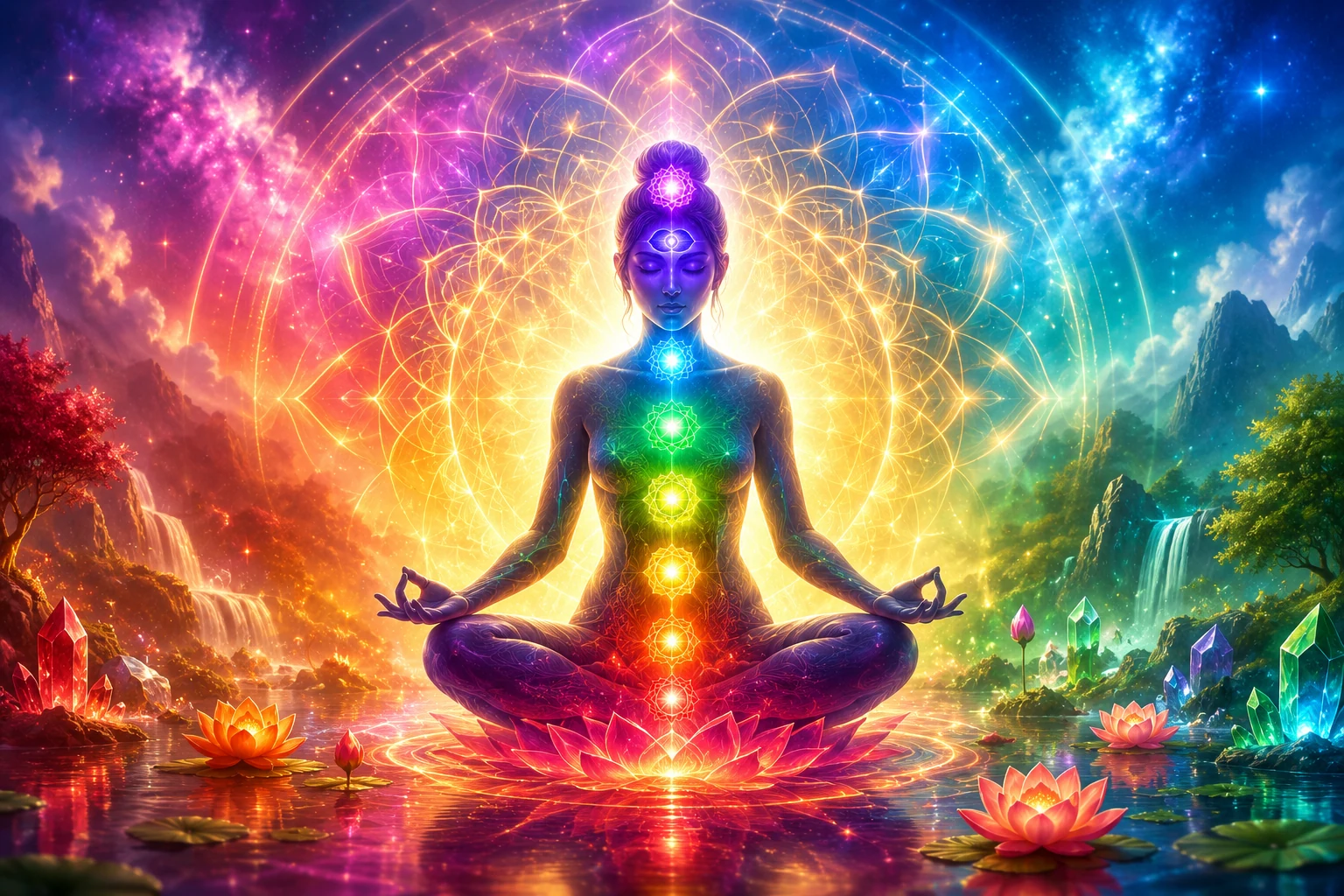 Meditating figure surrounded by colourful glowing chakra energy