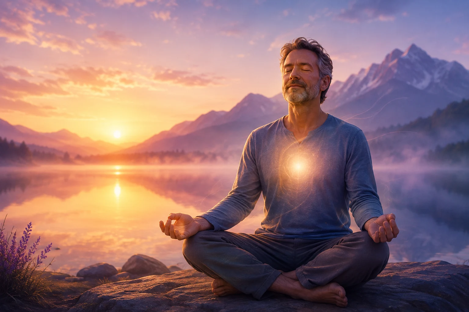 Man meditating beside a mountain lake at sunset with gentle light glowing from his chest