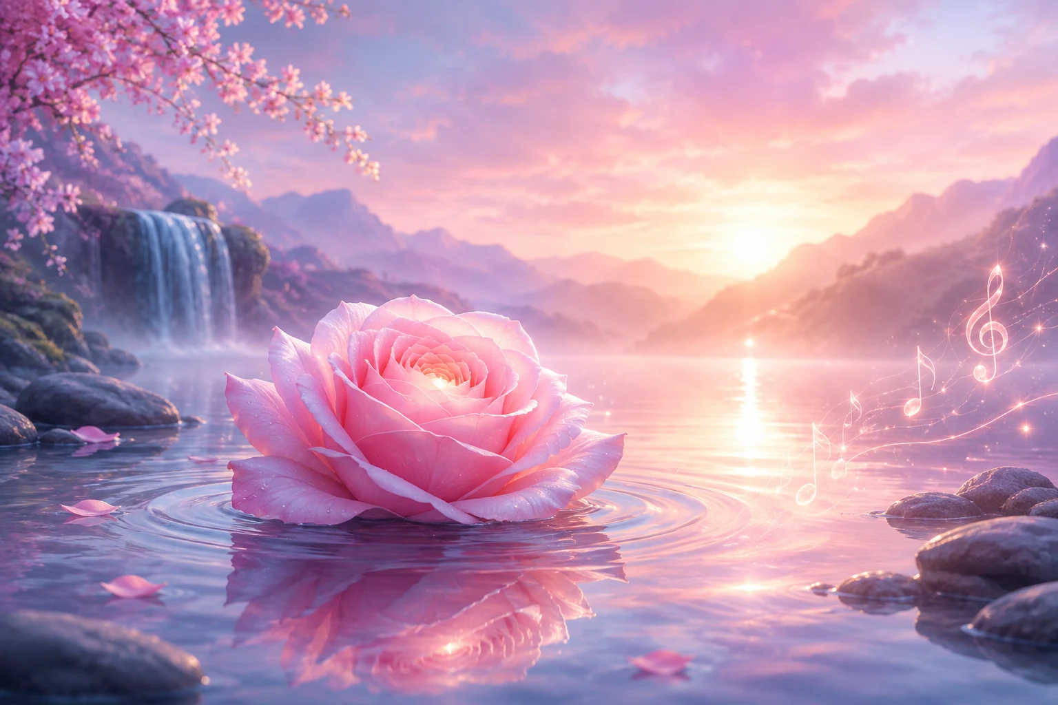 Glowing pink rose floating on a peaceful lake at sunrise, surrounded by soft musical light