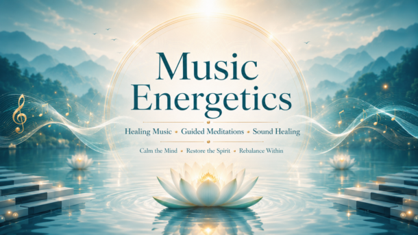 Healing music homepage banner for Music Energetics featuring lotus flower, calm water, piano keys and sound healing theme