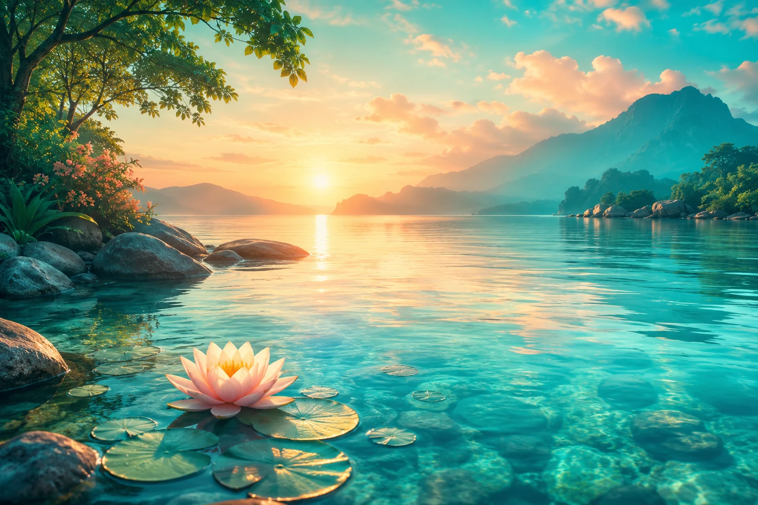Peaceful lake at sunrise with a lotus flower, representing relaxation and inner calm