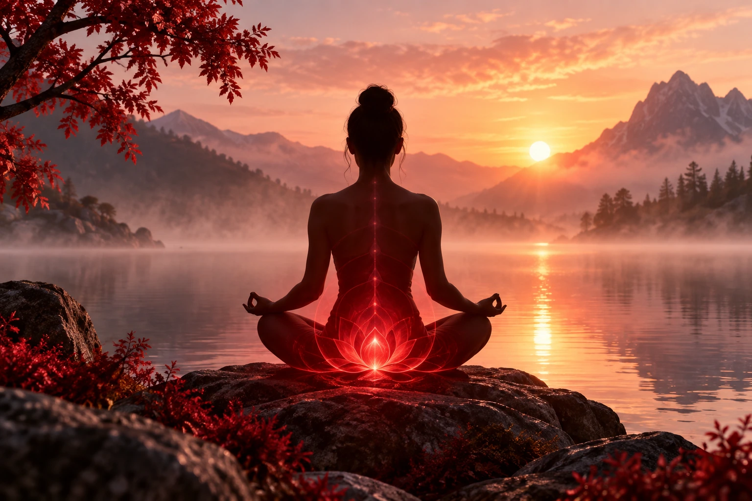Meditating figure beside a lake at sunset with glowing red root chakra energy