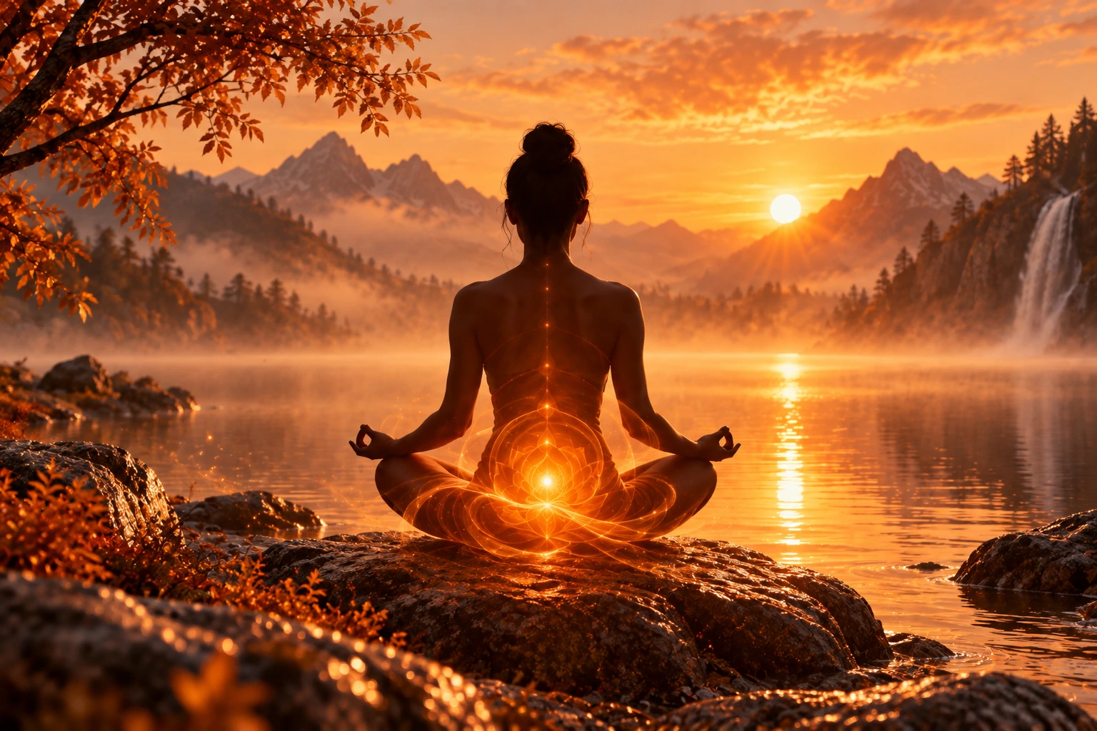Meditating figure surrounded by orange sacral chakra light beside a peaceful lake