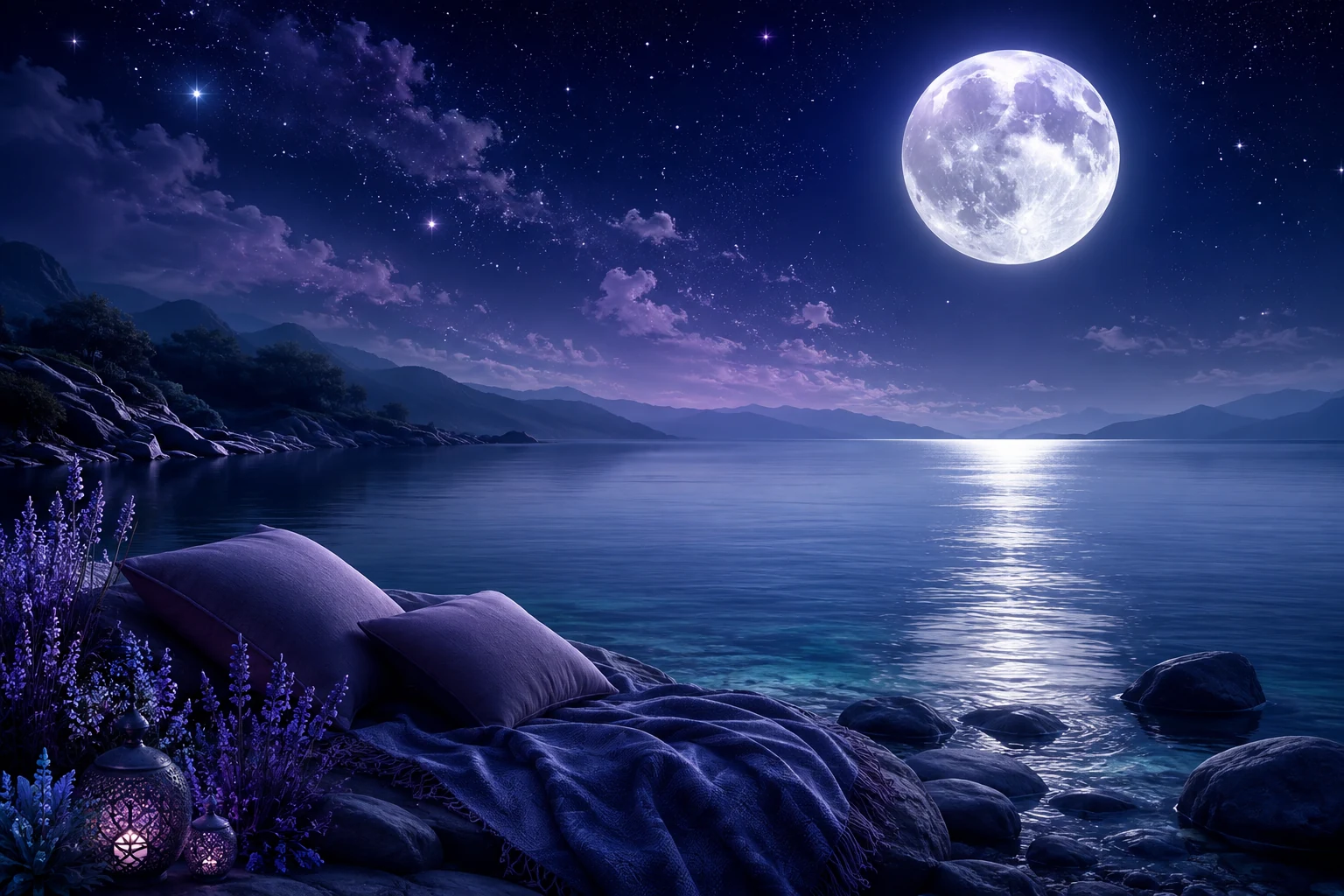 Moonlit lake beneath a starry sky with cushions beside the water